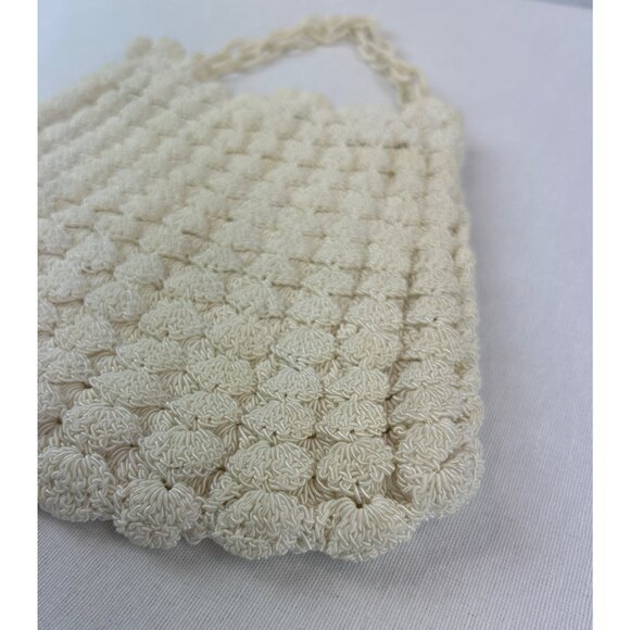 Vintage Cream Crochet Handbag Plastic Chain Double Strap Zipper Closure - Picture 3 of 11